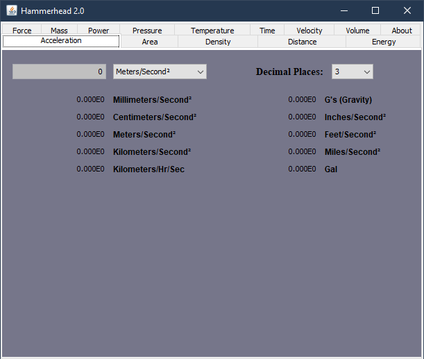 Screen shot of the Hammerhead Unit Converter Java Program